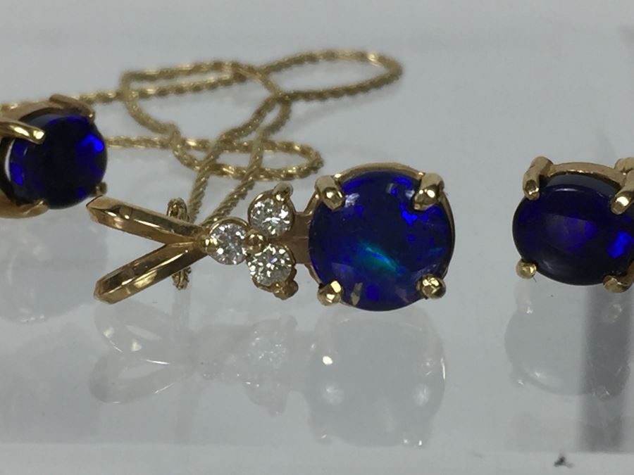 14K Yellow Gold Black Opal And Diamond Pendant With Chain Plus Matching Earrings Diamonds Si-2 To I-1 Clarity GH Color 3.9g [Photo 26]
