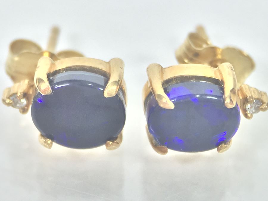 14K Yellow Gold Black Opal And Diamond Pendant With Chain Plus Matching Earrings Diamonds Si-2 To I-1 Clarity GH Color 3.9g [Photo 16]