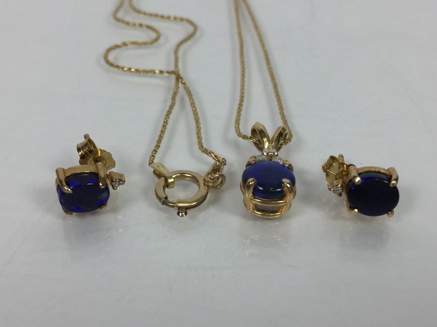 14K Yellow Gold Black Opal And Diamond Pendant With Chain Plus Matching Earrings Diamonds Si-2 To I-1 Clarity GH Color 3.9g [Photo 6]