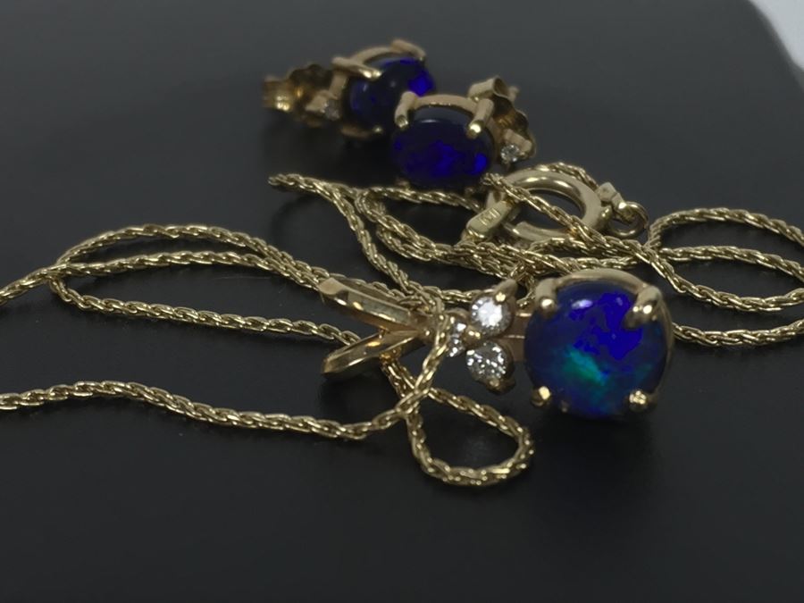 14K Yellow Gold Black Opal And Diamond Pendant With Chain Plus Matching Earrings Diamonds Si-2 To I-1 Clarity GH Color 3.9g [Photo 24]