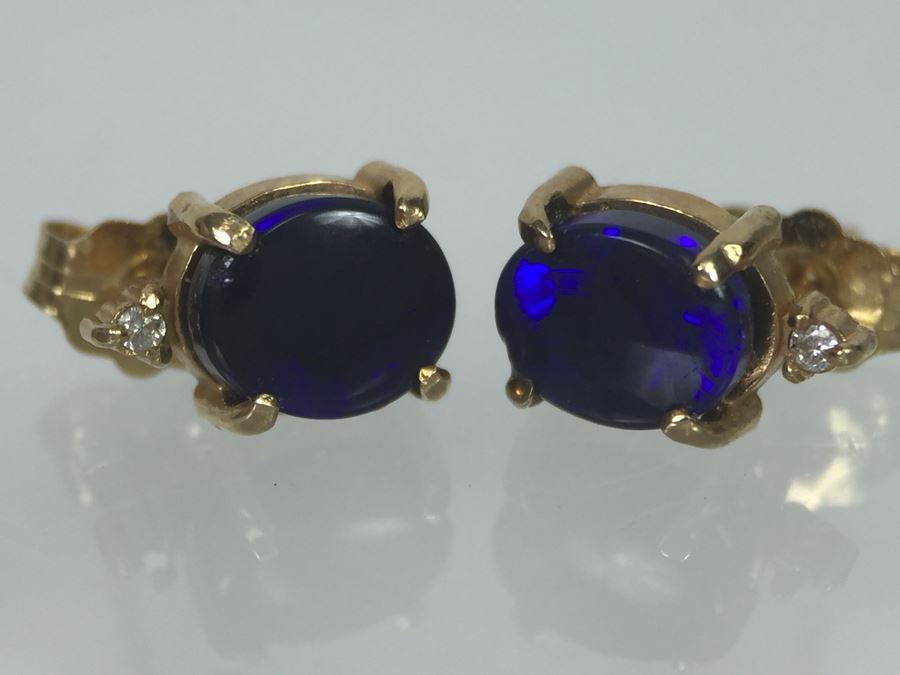 14K Yellow Gold Black Opal And Diamond Pendant With Chain Plus Matching Earrings Diamonds Si-2 To I-1 Clarity GH Color 3.9g [Photo 19]