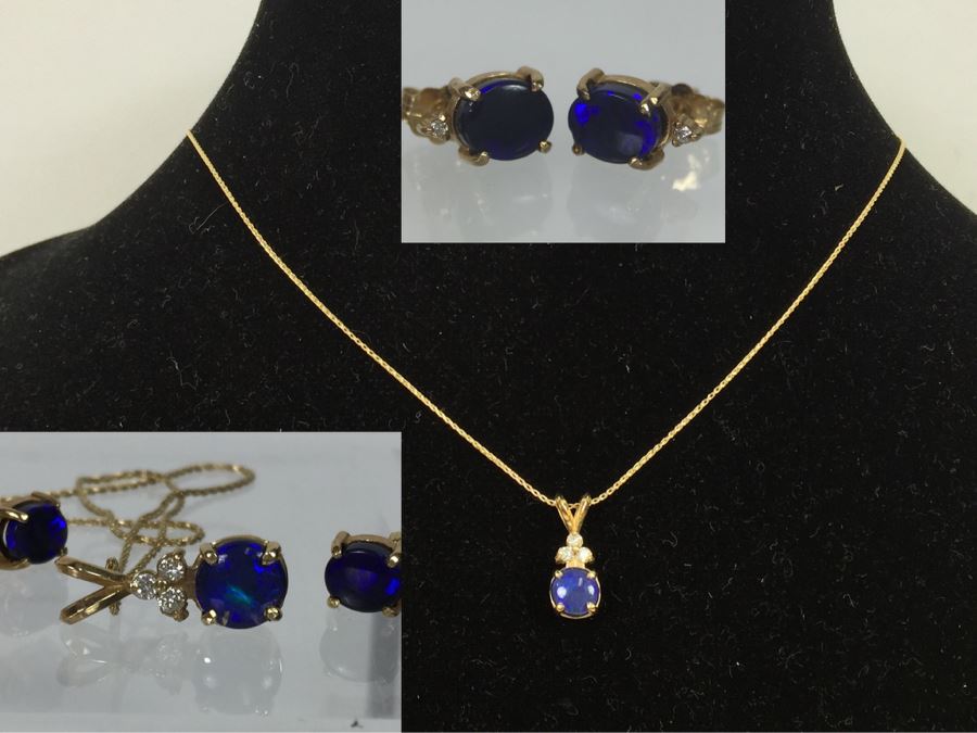 14K Yellow Gold Black Opal And Diamond Pendant With Chain Plus Matching Earrings Diamonds Si-2 To I-1 Clarity GH Color 3.9g