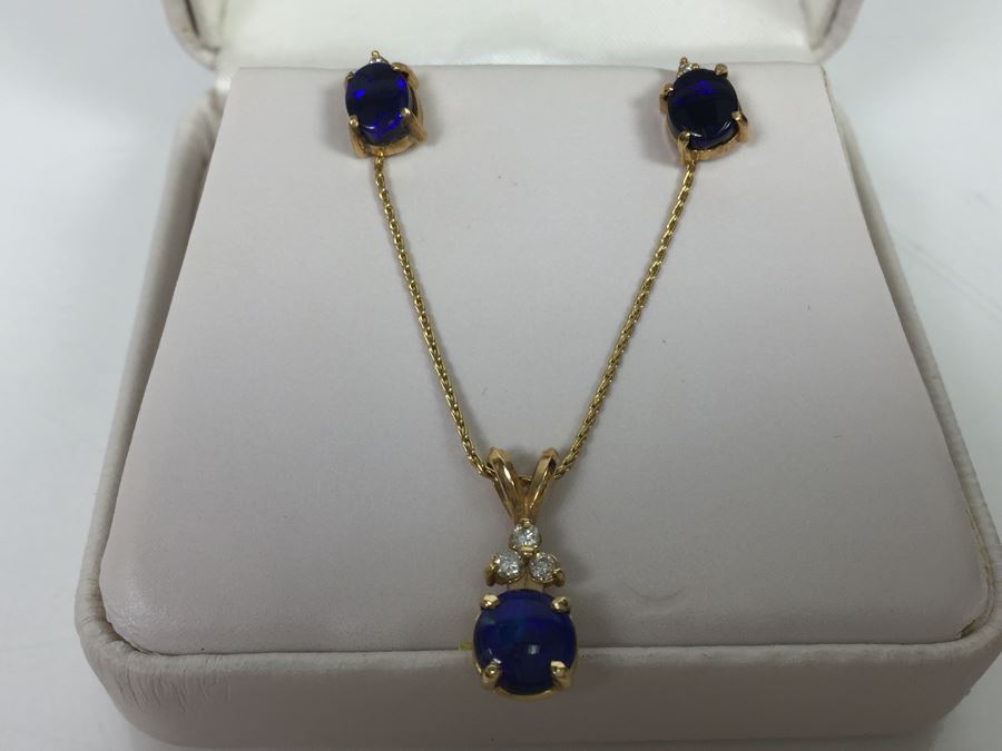 14K Yellow Gold Black Opal And Diamond Pendant With Chain Plus Matching Earrings Diamonds Si-2 To I-1 Clarity GH Color 3.9g [Photo 3]