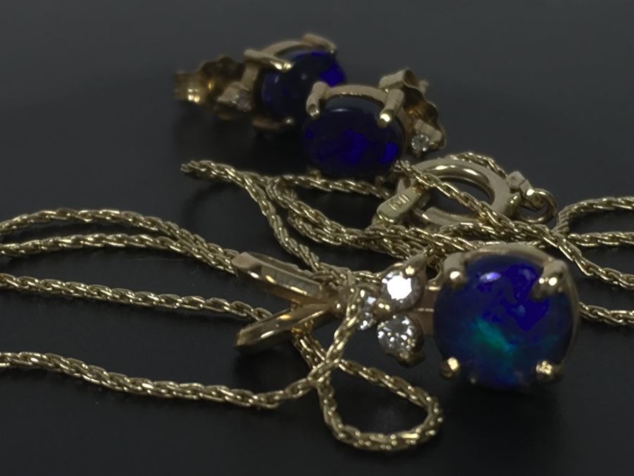 14K Yellow Gold Black Opal And Diamond Pendant With Chain Plus Matching Earrings Diamonds Si-2 To I-1 Clarity GH Color 3.9g [Photo 25]