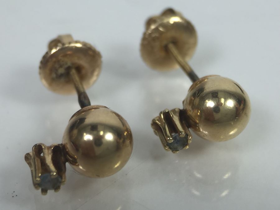 14K Yellow Gold Post Earrings With Light Blue Stone Signed NAOMI 1.2g [Photo 3]