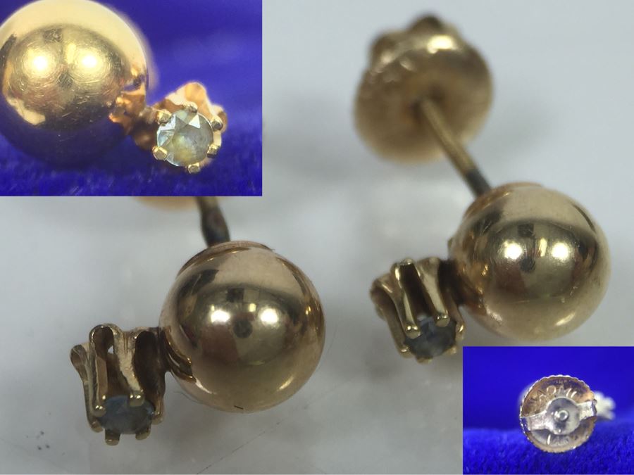 14K Yellow Gold Post Earrings With Light Blue Stone Signed NAOMI 1.2g [Photo 1]