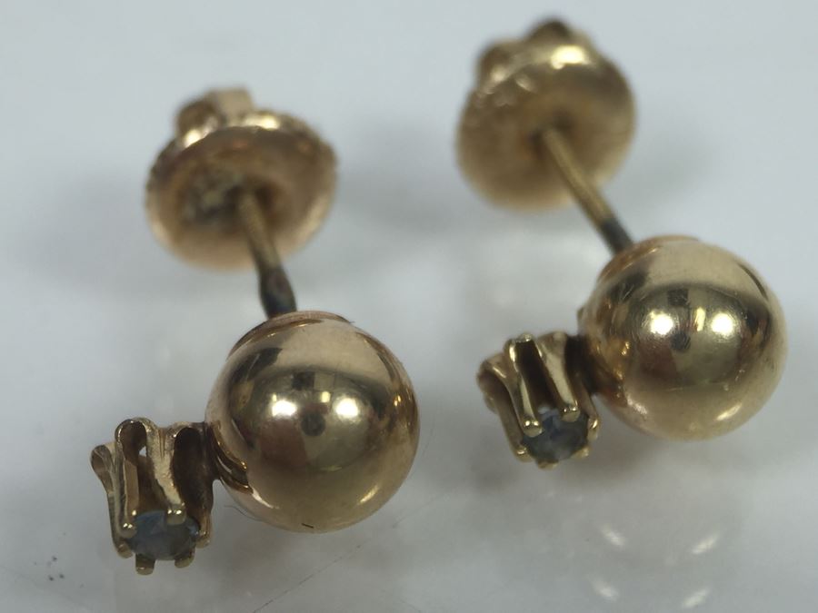 14K Yellow Gold Post Earrings With Light Blue Stone Signed NAOMI 1.2g [Photo 2]