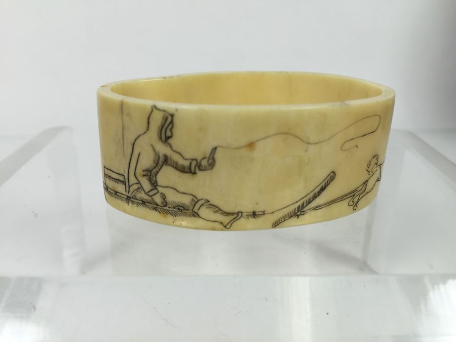 Bone Scrimshaw Carving Of Dogs Pulling Man On Sled [Photo 1]