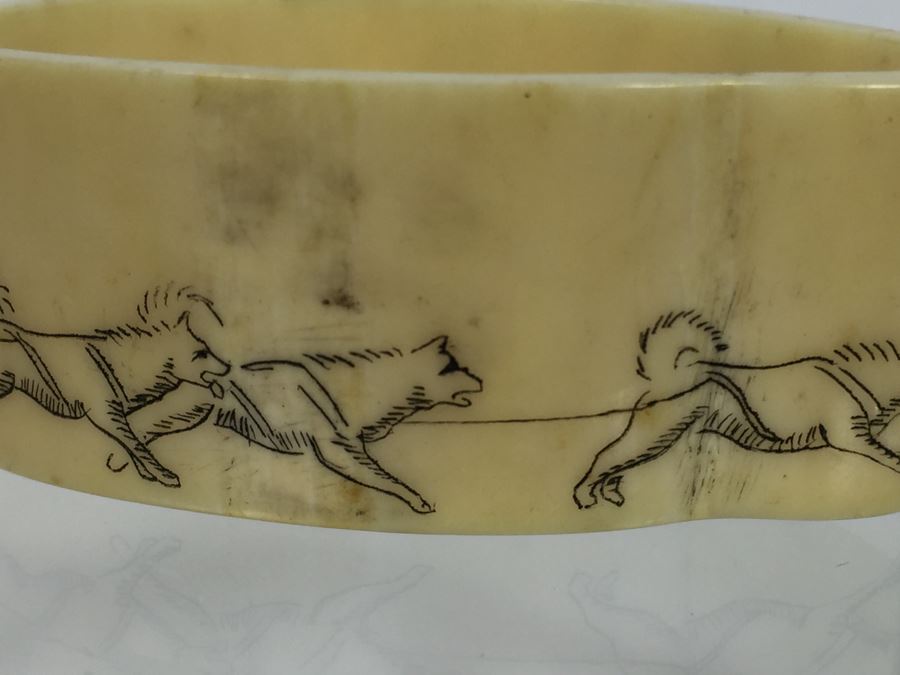 Bone Scrimshaw Carving Of Dogs Pulling Man On Sled [Photo 9]