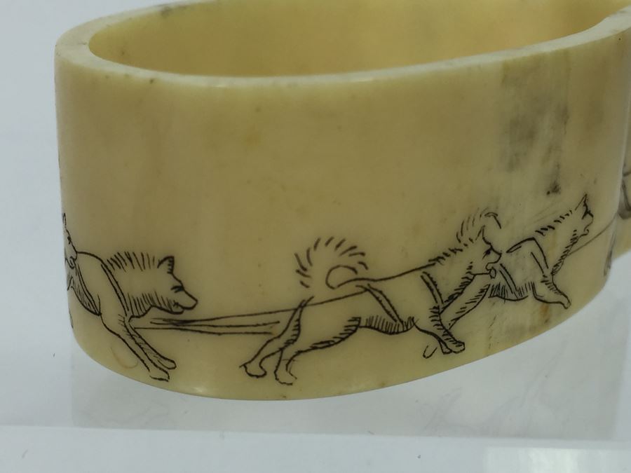 Bone Scrimshaw Carving Of Dogs Pulling Man On Sled [Photo 7]