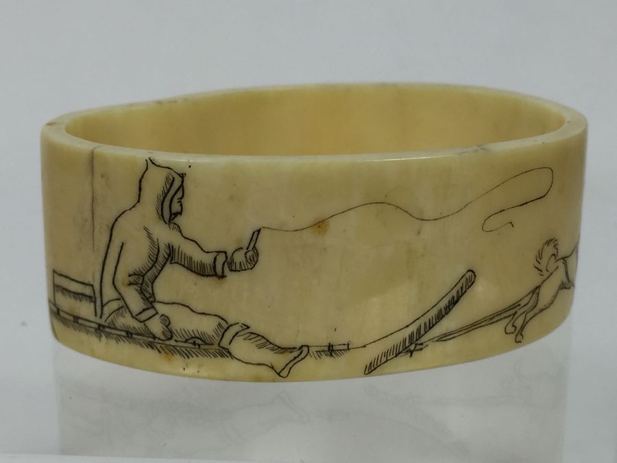 Bone Scrimshaw Carving Of Dogs Pulling Man On Sled [Photo 12]