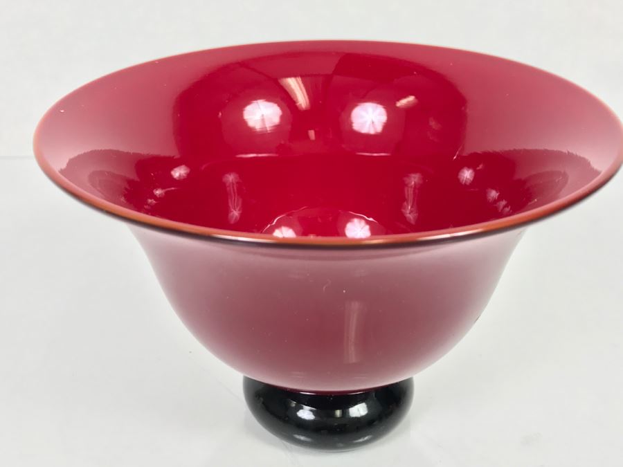 Signed Red Footed Art Glass Bowl