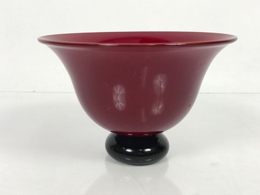 Signed Red Footed Art Glass Bowl [Photo 3]