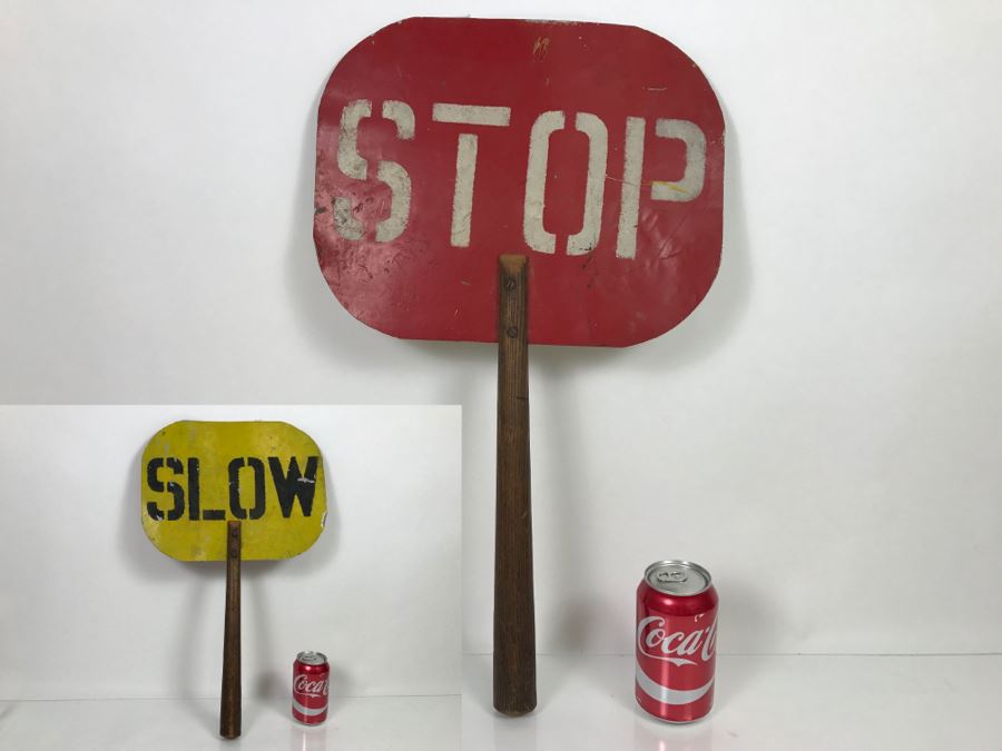 Vintage Handheld STOP SLOW Wood And Metal Handmade Sign