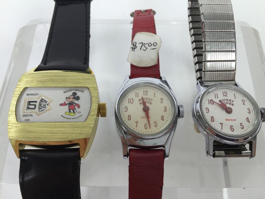 Set Of (3) Vintage Mickey Mouse Walt Disney Productions Character Watches (2) Ingersoll And (1) Bradley