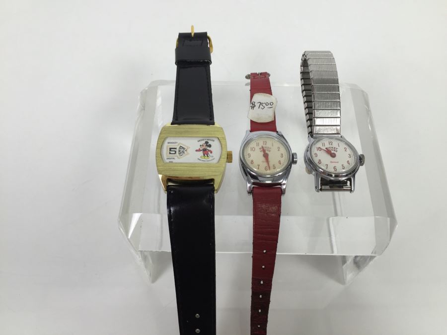 Set Of (3) Vintage Mickey Mouse Walt Disney Productions Character Watches (2) Ingersoll And (1) Bradley [Photo 2]