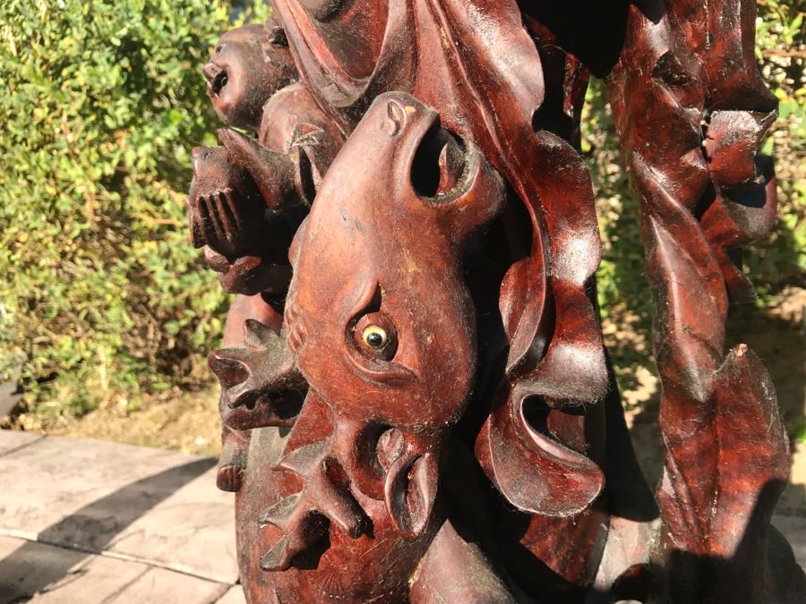 Large Carved Wooden Chinese Elder Wise Man Surrounded By Animals 32' Tall Without Staff - Note Top Of Staff Has Broken Off Fairly Clean Break - See Photos [Photo 19]