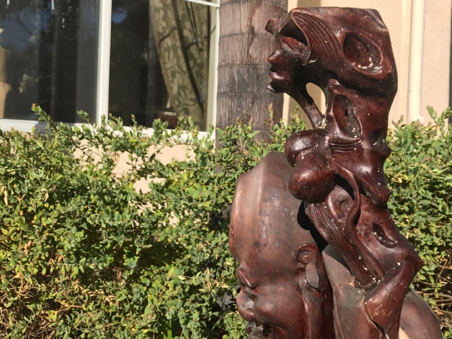 Large Carved Wooden Chinese Elder Wise Man Surrounded By Animals 32' Tall Without Staff - Note Top Of Staff Has Broken Off Fairly Clean Break - See Photos [Photo 35]