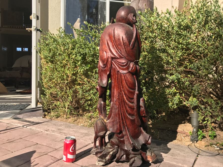 Large Carved Wooden Chinese Elder Wise Man Surrounded By Animals 32' Tall Without Staff - Note Top Of Staff Has Broken Off Fairly Clean Break - See Photos [Photo 26]