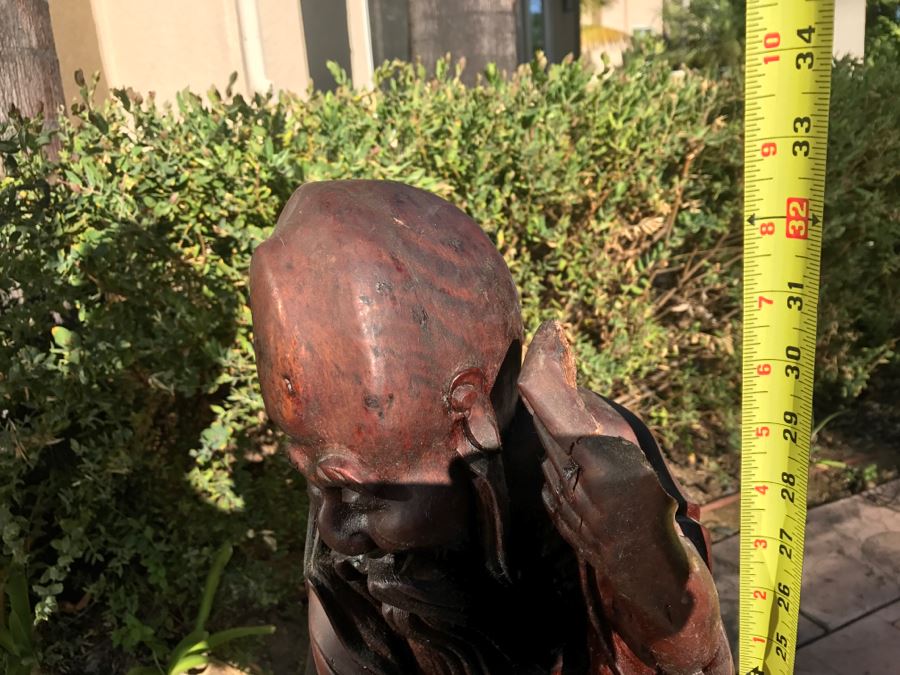 Large Carved Wooden Chinese Elder Wise Man Surrounded By Animals 32' Tall Without Staff - Note Top Of Staff Has Broken Off Fairly Clean Break - See Photos [Photo 39]