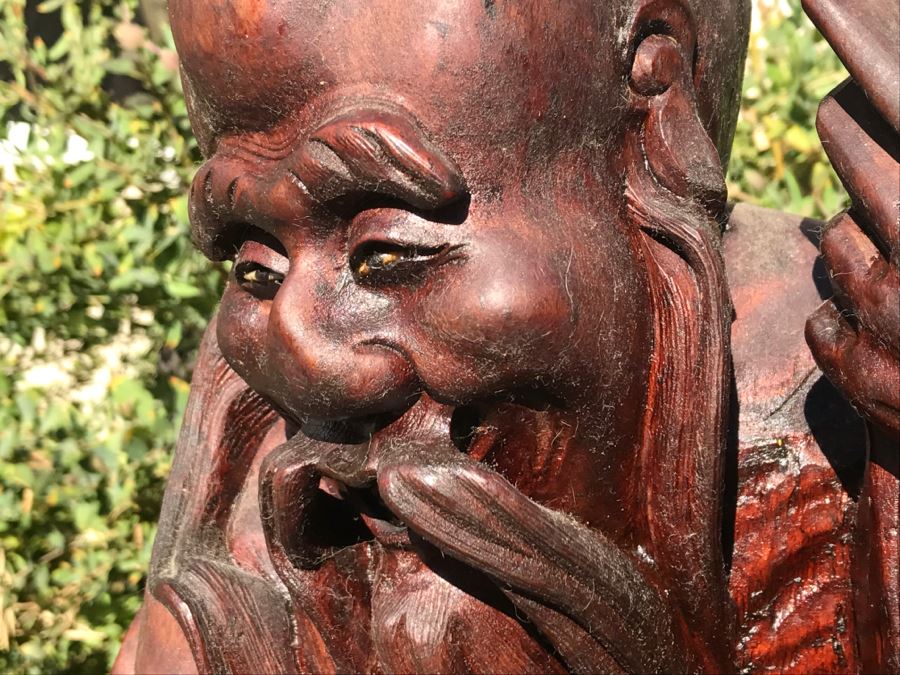 Large Carved Wooden Chinese Elder Wise Man Surrounded By Animals 32' Tall Without Staff - Note Top Of Staff Has Broken Off Fairly Clean Break - See Photos [Photo 13]