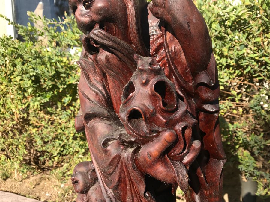 Large Carved Wooden Chinese Elder Wise Man Surrounded By Animals 32' Tall Without Staff - Note Top Of Staff Has Broken Off Fairly Clean Break - See Photos [Photo 17]