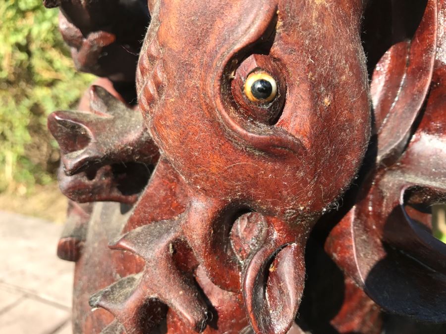 Large Carved Wooden Chinese Elder Wise Man Surrounded By Animals 32' Tall Without Staff - Note Top Of Staff Has Broken Off Fairly Clean Break - See Photos [Photo 20]