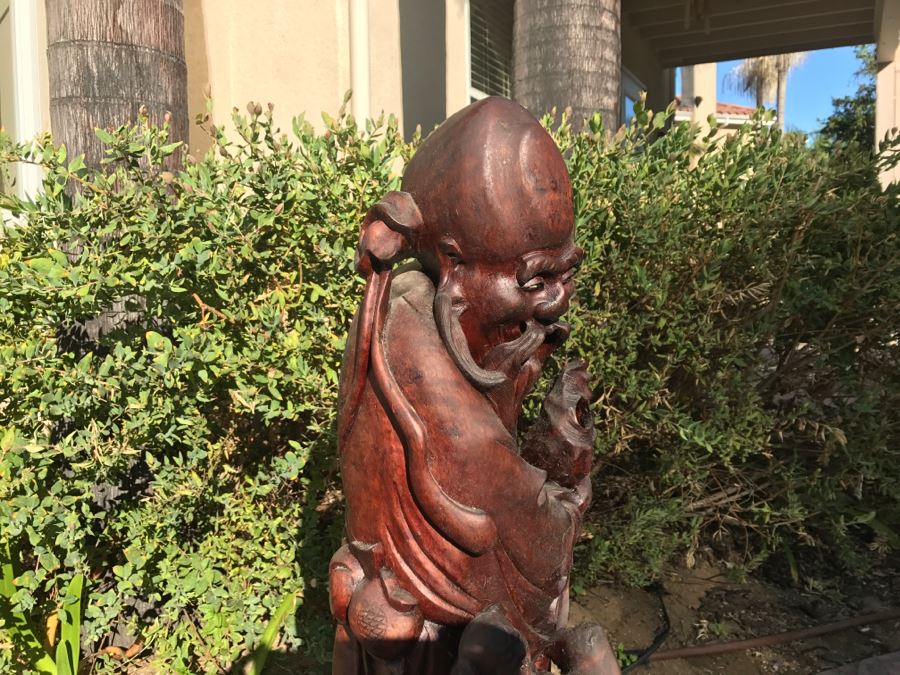 Large Carved Wooden Chinese Elder Wise Man Surrounded By Animals 32' Tall Without Staff - Note Top Of Staff Has Broken Off Fairly Clean Break - See Photos [Photo 31]