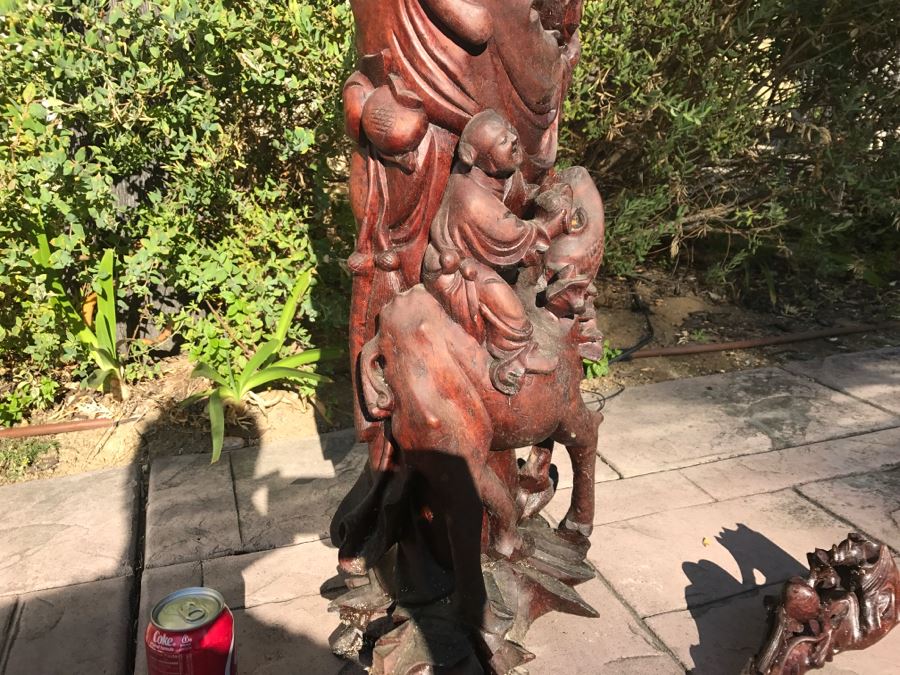 Large Carved Wooden Chinese Elder Wise Man Surrounded By Animals 32' Tall Without Staff - Note Top Of Staff Has Broken Off Fairly Clean Break - See Photos [Photo 30]