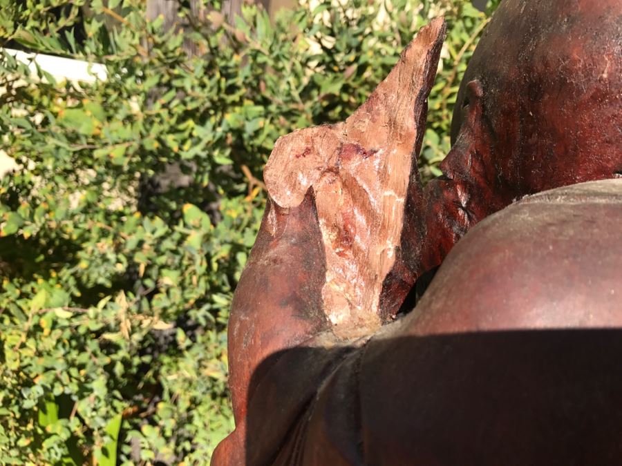 Large Carved Wooden Chinese Elder Wise Man Surrounded By Animals 32' Tall Without Staff - Note Top Of Staff Has Broken Off Fairly Clean Break - See Photos [Photo 27]