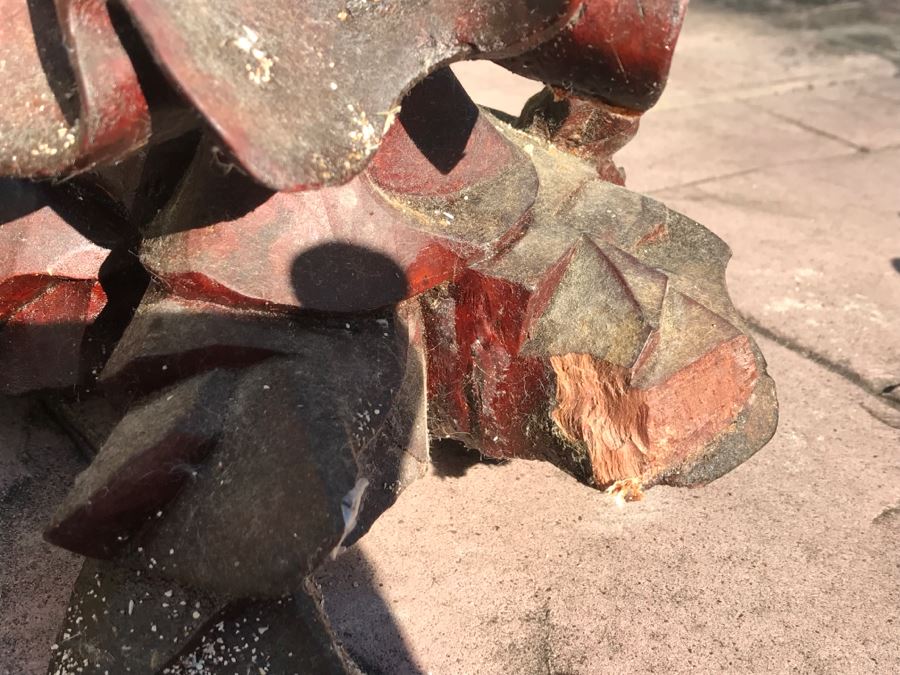 Large Carved Wooden Chinese Elder Wise Man Surrounded By Animals 32' Tall Without Staff - Note Top Of Staff Has Broken Off Fairly Clean Break - See Photos [Photo 28]