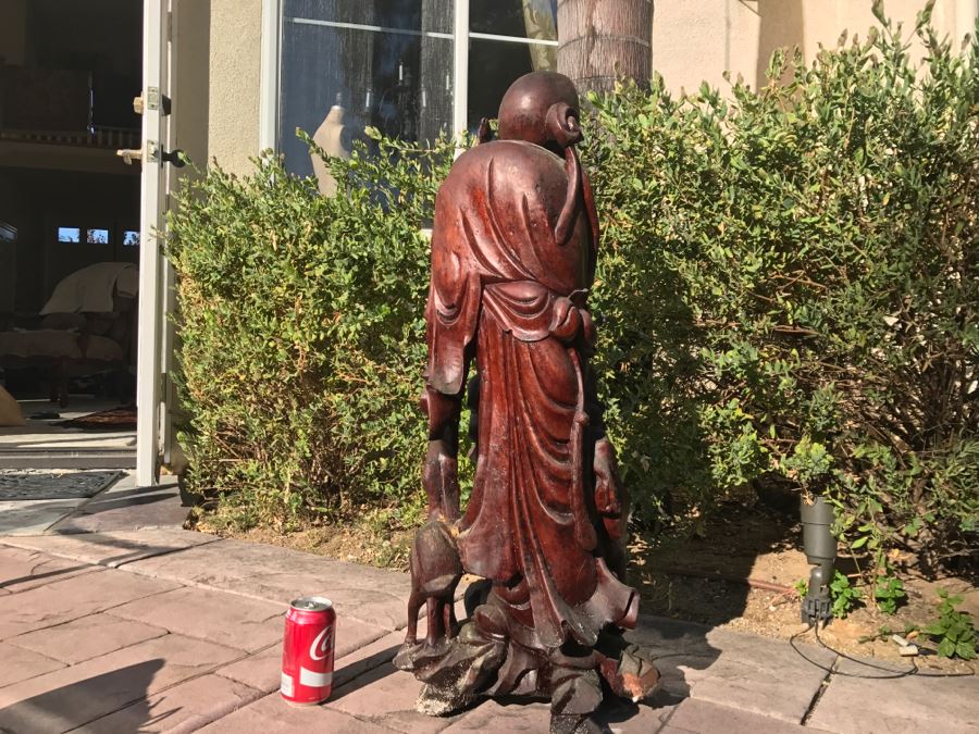 Large Carved Wooden Chinese Elder Wise Man Surrounded By Animals 32' Tall Without Staff - Note Top Of Staff Has Broken Off Fairly Clean Break - See Photos [Photo 25]