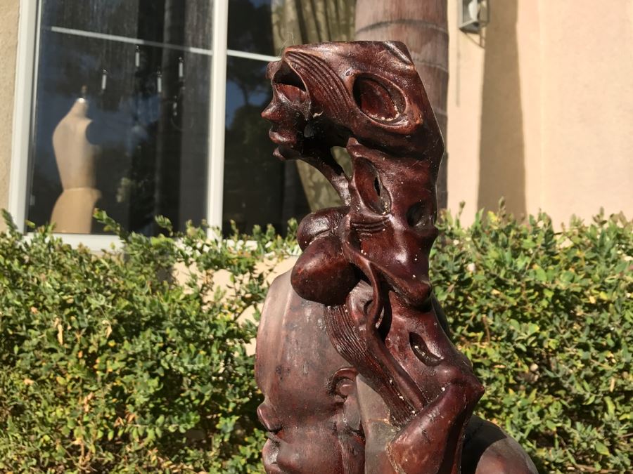 Large Carved Wooden Chinese Elder Wise Man Surrounded By Animals 32' Tall Without Staff - Note Top Of Staff Has Broken Off Fairly Clean Break - See Photos [Photo 37]