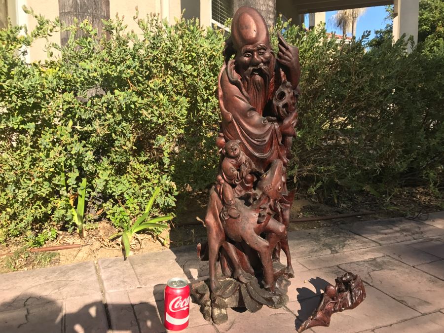 Large Carved Wooden Chinese Elder Wise Man Surrounded By Animals 32' Tall Without Staff - Note Top Of Staff Has Broken Off Fairly Clean Break - See Photos [Photo 8]