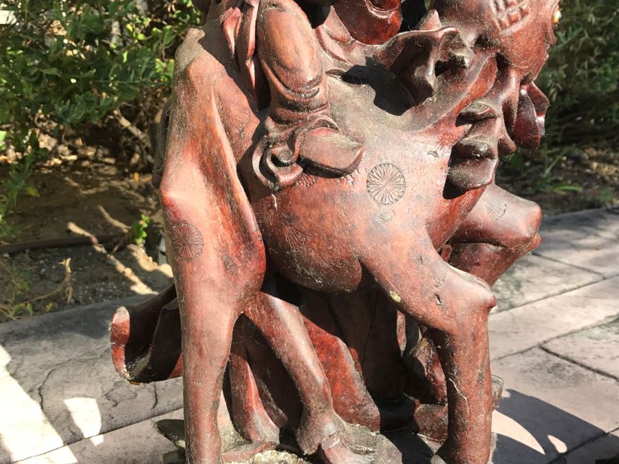 Large Carved Wooden Chinese Elder Wise Man Surrounded By Animals 32' Tall Without Staff - Note Top Of Staff Has Broken Off Fairly Clean Break - See Photos [Photo 10]