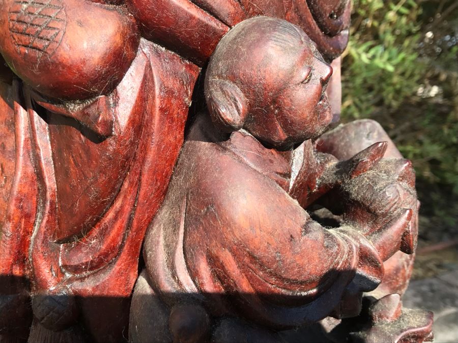 Large Carved Wooden Chinese Elder Wise Man Surrounded By Animals 32' Tall Without Staff - Note Top Of Staff Has Broken Off Fairly Clean Break - See Photos [Photo 34]
