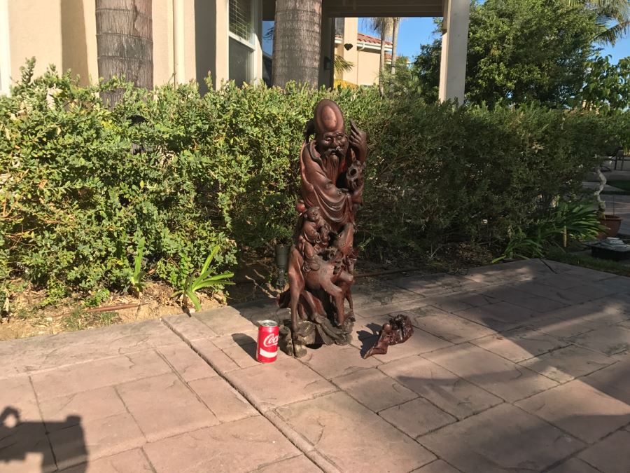 Large Carved Wooden Chinese Elder Wise Man Surrounded By Animals 32' Tall Without Staff - Note Top Of Staff Has Broken Off Fairly Clean Break - See Photos [Photo 7]