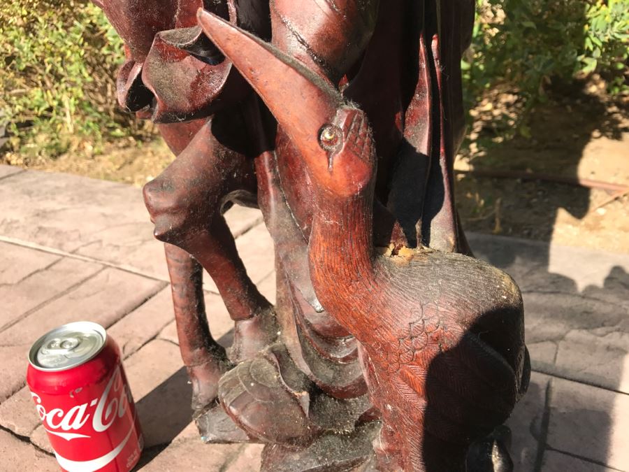 Large Carved Wooden Chinese Elder Wise Man Surrounded By Animals 32' Tall Without Staff - Note Top Of Staff Has Broken Off Fairly Clean Break - See Photos [Photo 24]