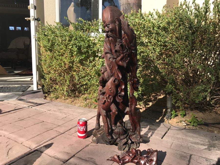 Large Carved Wooden Chinese Elder Wise Man Surrounded By Animals 32' Tall Without Staff - Note Top Of Staff Has Broken Off Fairly Clean Break - See Photos [Photo 22]