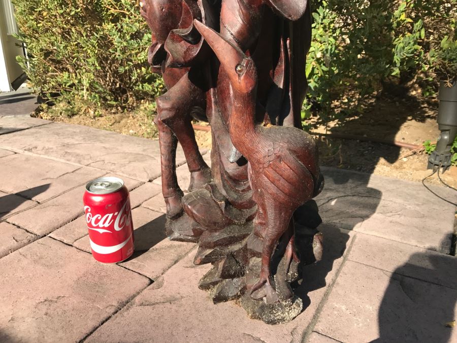Large Carved Wooden Chinese Elder Wise Man Surrounded By Animals 32' Tall Without Staff - Note Top Of Staff Has Broken Off Fairly Clean Break - See Photos [Photo 23]
