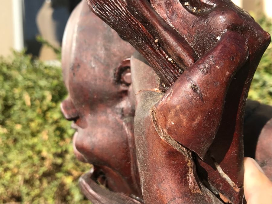 Large Carved Wooden Chinese Elder Wise Man Surrounded By Animals 32' Tall Without Staff - Note Top Of Staff Has Broken Off Fairly Clean Break - See Photos [Photo 36]