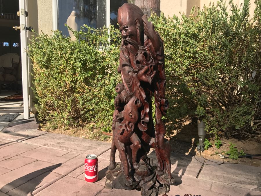 Large Carved Wooden Chinese Elder Wise Man Surrounded By Animals 32' Tall Without Staff - Note Top Of Staff Has Broken Off Fairly Clean Break - See Photos [Photo 21]