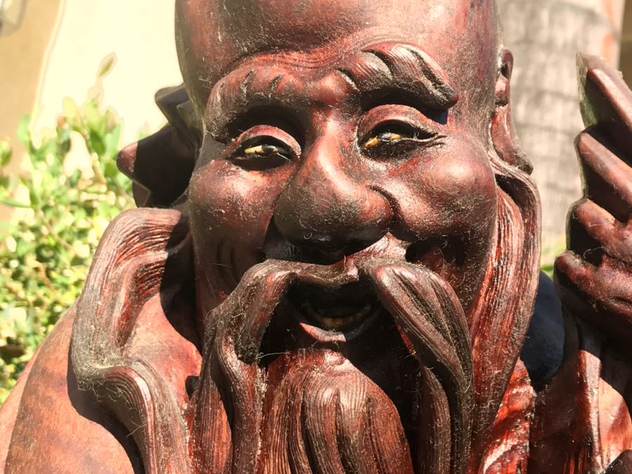 Large Carved Wooden Chinese Elder Wise Man Surrounded By Animals 32' Tall Without Staff - Note Top Of Staff Has Broken Off Fairly Clean Break - See Photos [Photo 3]