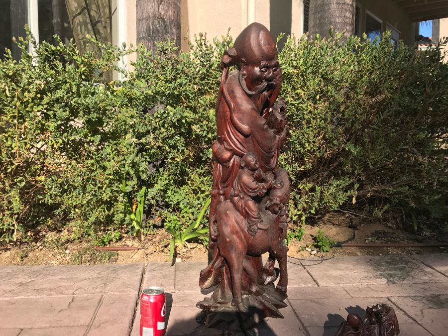 Large Carved Wooden Chinese Elder Wise Man Surrounded By Animals 32' Tall Without Staff - Note Top Of Staff Has Broken Off Fairly Clean Break - See Photos [Photo 29]