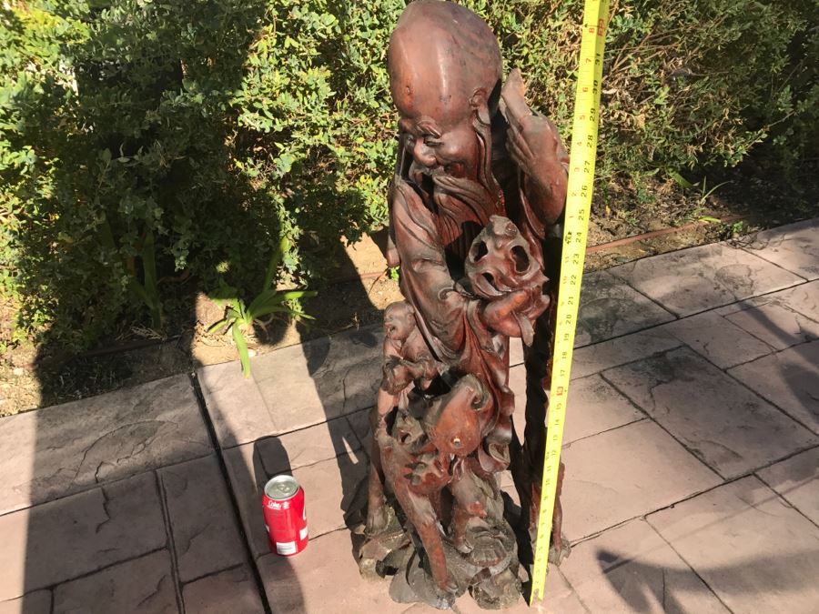 Large Carved Wooden Chinese Elder Wise Man Surrounded By Animals 32' Tall Without Staff - Note Top Of Staff Has Broken Off Fairly Clean Break - See Photos [Photo 38]