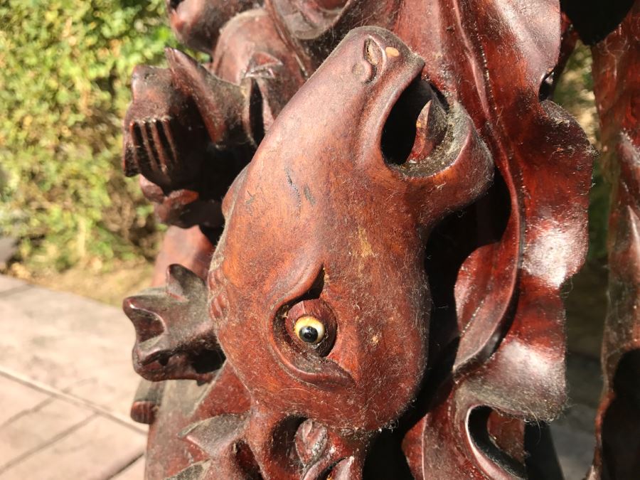 Large Carved Wooden Chinese Elder Wise Man Surrounded By Animals 32' Tall Without Staff - Note Top Of Staff Has Broken Off Fairly Clean Break - See Photos [Photo 5]