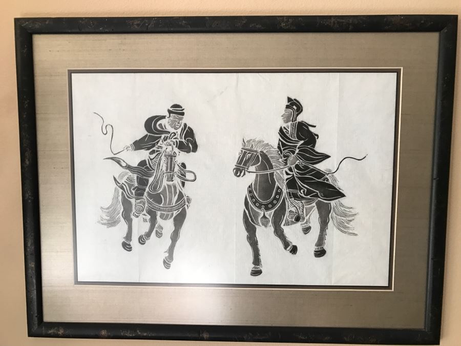 Vintage Eastern Framed Rubbing Men Ridding Horses