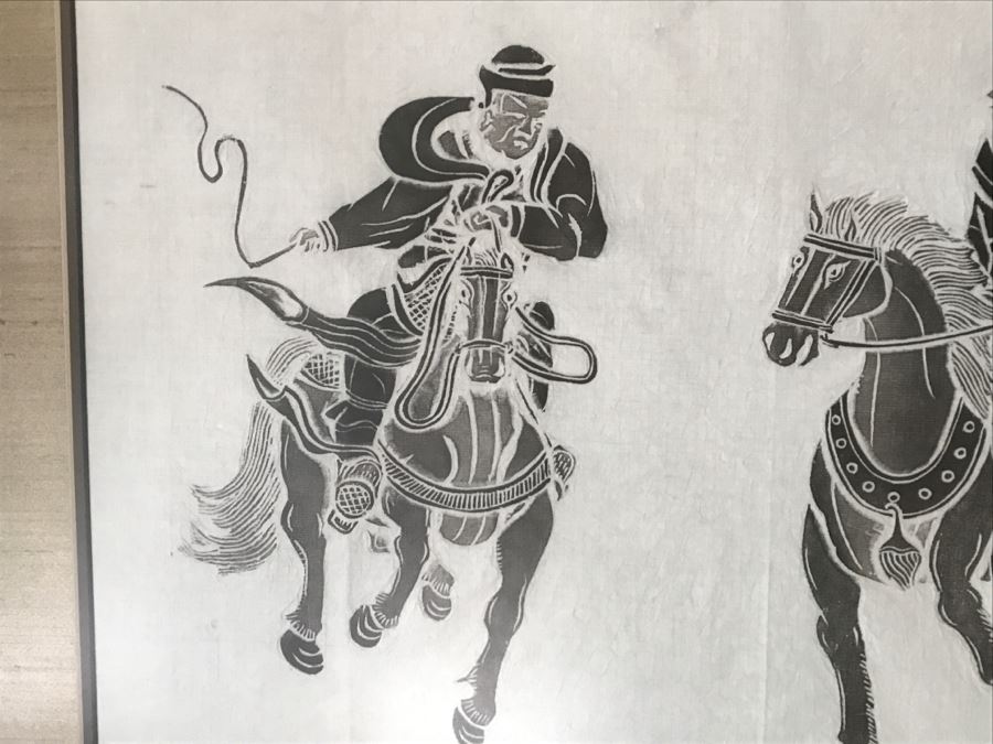 Vintage Eastern Framed Rubbing Men Ridding Horses [Photo 3]
