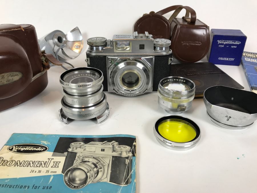 Voigtlander Prominent II Film Camera With Leather Case, Multiple Lenses, Filter, Flash, Hood And Original Manuals - See All Photos