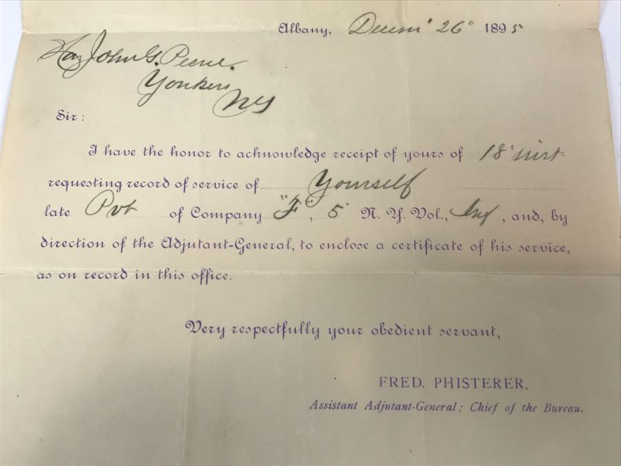 Bureau Of Records Of The War Of The Rebellion Civil War Dated December 26, 1895 Records Service From May 1861 To May 1863 Regiment Of Infantry New York Volunteers With Accompanying Letter [Photo 9]